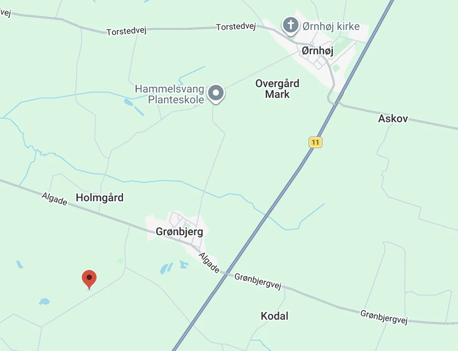 Kort over kennelens placering syd for Grønbjerg, mellem Ørnhøj og Kodal ved rute 11
